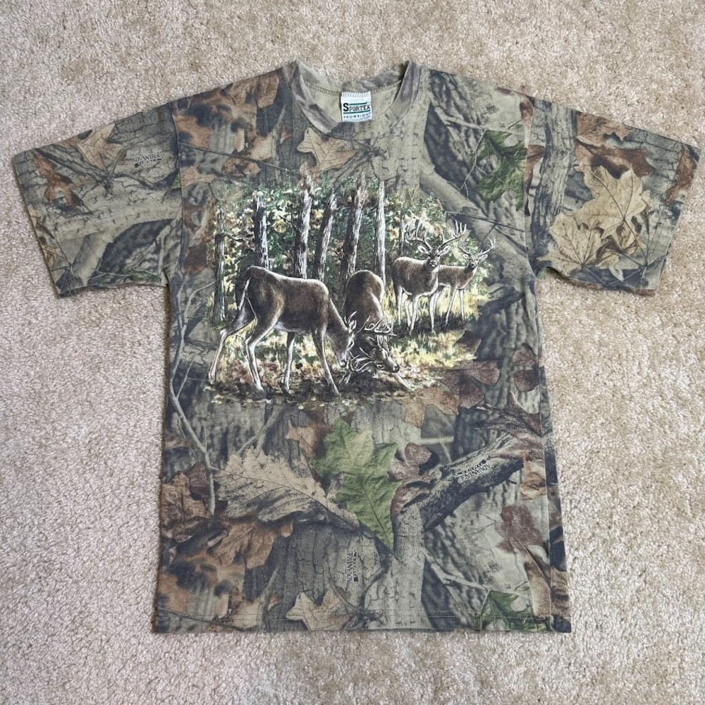 Vintage Sportex Tee Mens M Camo Deer Graphic Made In USA Hunting Shirt VTG Y2K